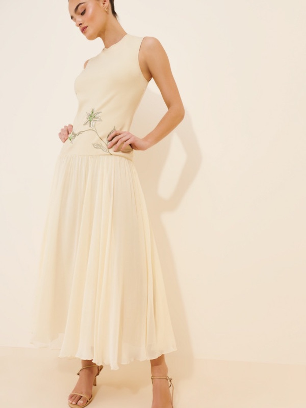 Geisha Designs Cream Floral Embroidered Drop Waist Formal Sleeveless Maxi Dress